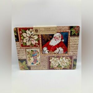 Benson Mills 100% Cork Placemats Christmas Santa Claus Poinsettia Set of 4 NEW